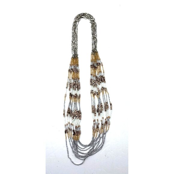 Long Metallic Beaded Necklace Multi Strand 30" Silver White and Copper Tone Bead - Picture 1 of 3